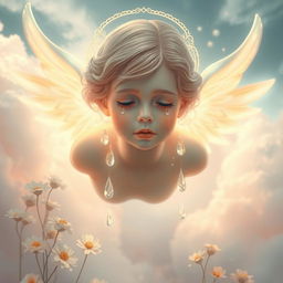 An ethereal scene depicting the tears of an angel, with soft glowing wings and radiant light