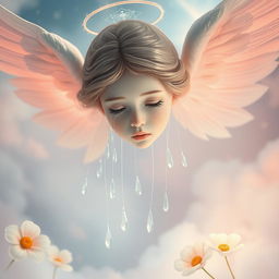 An ethereal scene depicting the tears of an angel, with soft glowing wings and radiant light