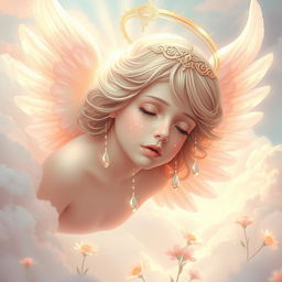 An ethereal scene depicting the tears of an angel, with soft glowing wings and radiant light