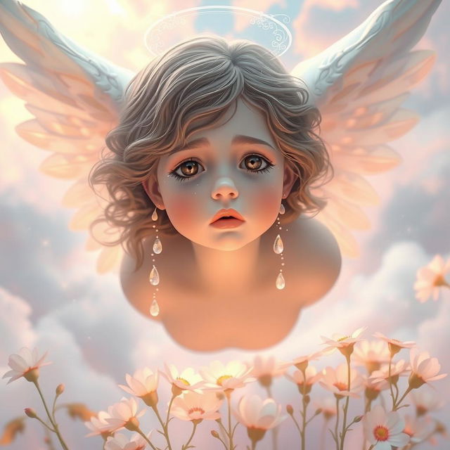 An ethereal scene depicting the tears of an angel, with soft glowing wings and radiant light