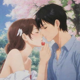 Two endearing anime characters romantically involved, one appearing as a sweetly depicted male kissing the cheeks of his charming female partner