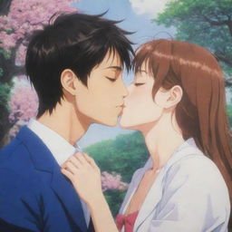 Two endearing anime characters romantically involved, one appearing as a sweetly depicted male kissing the cheeks of his charming female partner