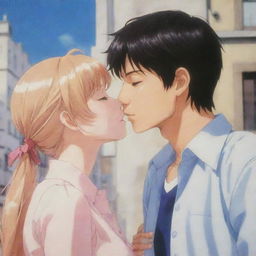 Two endearing anime characters romantically involved, one appearing as a sweetly depicted male kissing the cheeks of his charming female partner