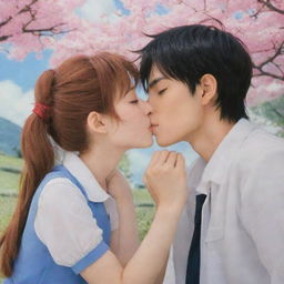 Two endearing anime characters romantically involved, one appearing as a sweetly depicted male kissing the cheeks of his charming female partner