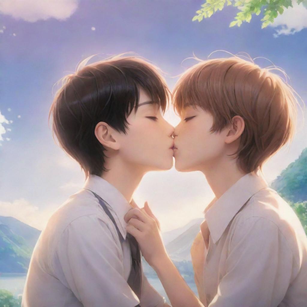 Create a romantic scene featuring a pair of captivating anime characters: a cute boy gently delivering a kiss to the left cheek of his beloved girl, against a dreamy, romantic backdrop