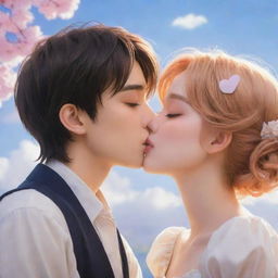 Create a romantic scene featuring a pair of captivating anime characters: a cute boy gently delivering a kiss to the left cheek of his beloved girl, against a dreamy, romantic backdrop