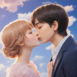 Create a romantic scene featuring a pair of captivating anime characters: a cute boy gently delivering a kiss to the left cheek of his beloved girl, against a dreamy, romantic backdrop