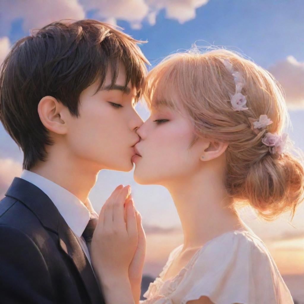 Create a romantic scene featuring a pair of captivating anime characters: a cute boy gently delivering a kiss to the left cheek of his beloved girl, against a dreamy, romantic backdrop