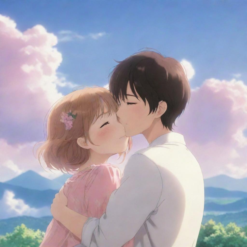 A romantic scene with two cute anime characters, where a sweet boy is hugging and tenderly kissing the top of his girl's head, all against a dreamy, romantic backdrop