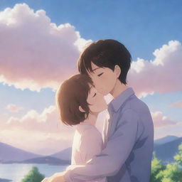 A romantic scene with two cute anime characters, where a sweet boy is hugging and tenderly kissing the top of his girl's head, all against a dreamy, romantic backdrop