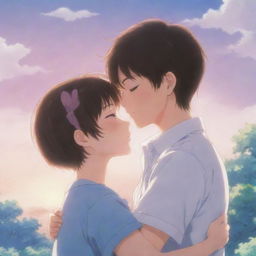 A romantic scene with two cute anime characters, where a sweet boy is hugging and tenderly kissing the top of his girl's head, all against a dreamy, romantic backdrop