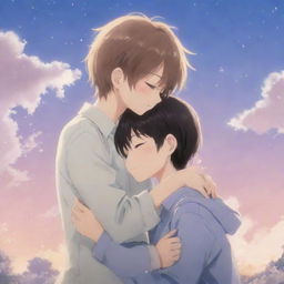 A romantic scene with two cute anime characters, where a sweet boy is hugging and tenderly kissing the top of his girl's head, all against a dreamy, romantic backdrop