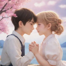 A charming romantic scene featuring two adorable anime characters: a sweet boy tenderly kissing the hands of his beloved girl, set against a dreamy, romantic backdrop