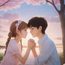 A charming romantic scene featuring two adorable anime characters: a sweet boy tenderly kissing the hands of his beloved girl, set against a dreamy, romantic backdrop