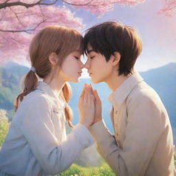 A charming romantic scene featuring two adorable anime characters: a sweet boy tenderly kissing the hands of his beloved girl, set against a dreamy, romantic backdrop