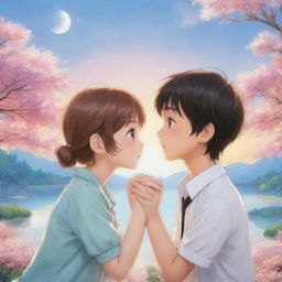 A charming romantic scene featuring two adorable anime characters: a sweet boy tenderly kissing the hands of his beloved girl, set against a dreamy, romantic backdrop