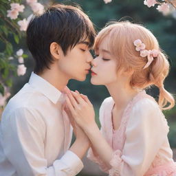 Create an image of two adorable anime characters in a romantic setting