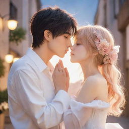 Create an image of two adorable anime characters in a romantic setting