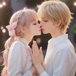 Create an image of two adorable anime characters in a romantic setting