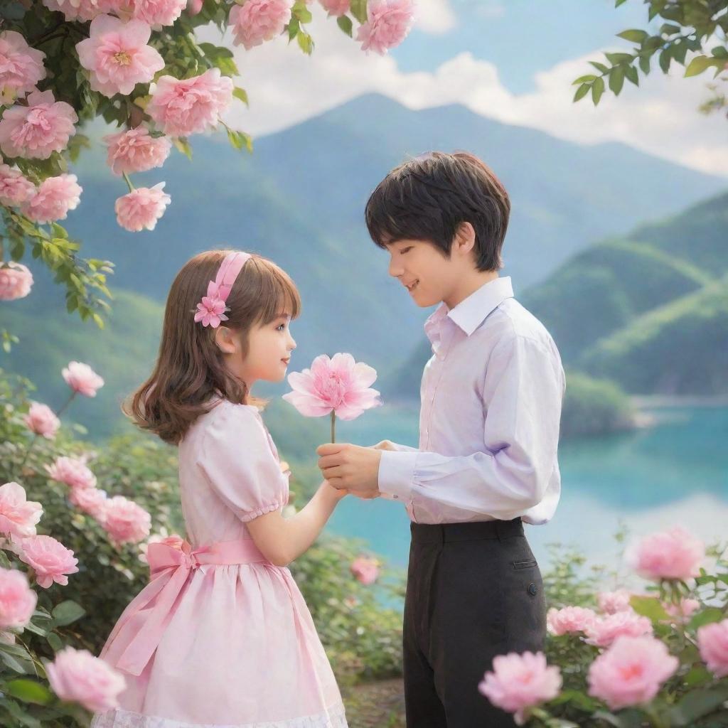 Craft an image featuring two cute anime characters set against a romantic backdrop