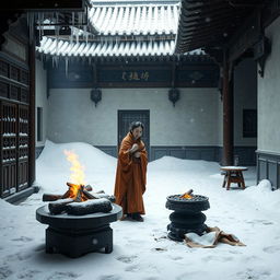 An empty, cold, snowy courtyard in ancient China, featuring a lone concubine wrapped in warm, flowing robes, tending to a small coal fire for warmth