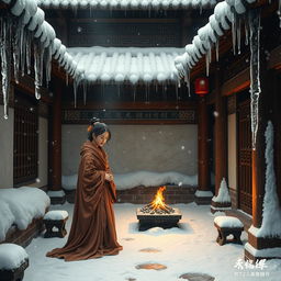 An empty, cold, snowy courtyard in ancient China, featuring a lone concubine wrapped in warm, flowing robes, tending to a small coal fire for warmth