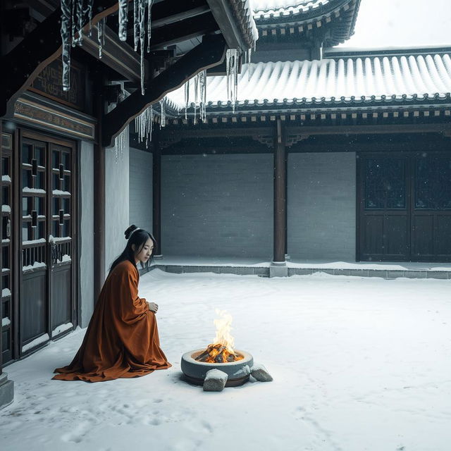 An empty, cold, snowy courtyard in ancient China, featuring a lone concubine wrapped in warm, flowing robes, tending to a small coal fire for warmth