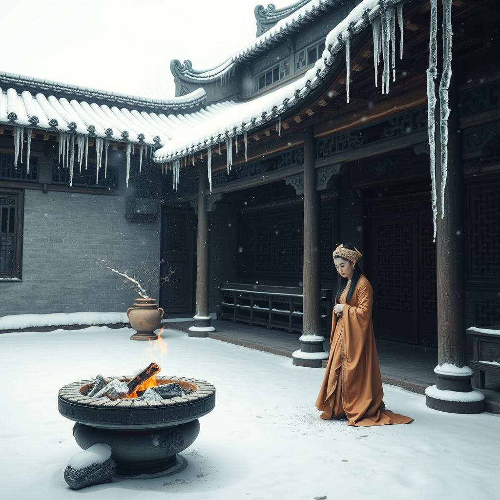 An empty, cold, snowy courtyard in ancient China, featuring a lone concubine wrapped in warm, flowing robes, tending to a small coal fire for warmth