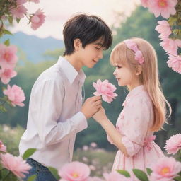 Craft an image featuring two cute anime characters set against a romantic backdrop