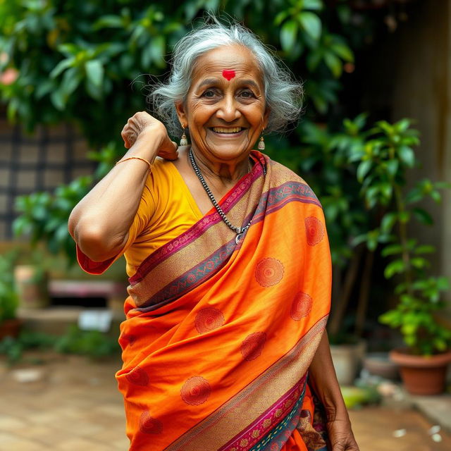 An elderly Indian woman in a traditional sari, gracefully carrying herself while playfully showing her armpit