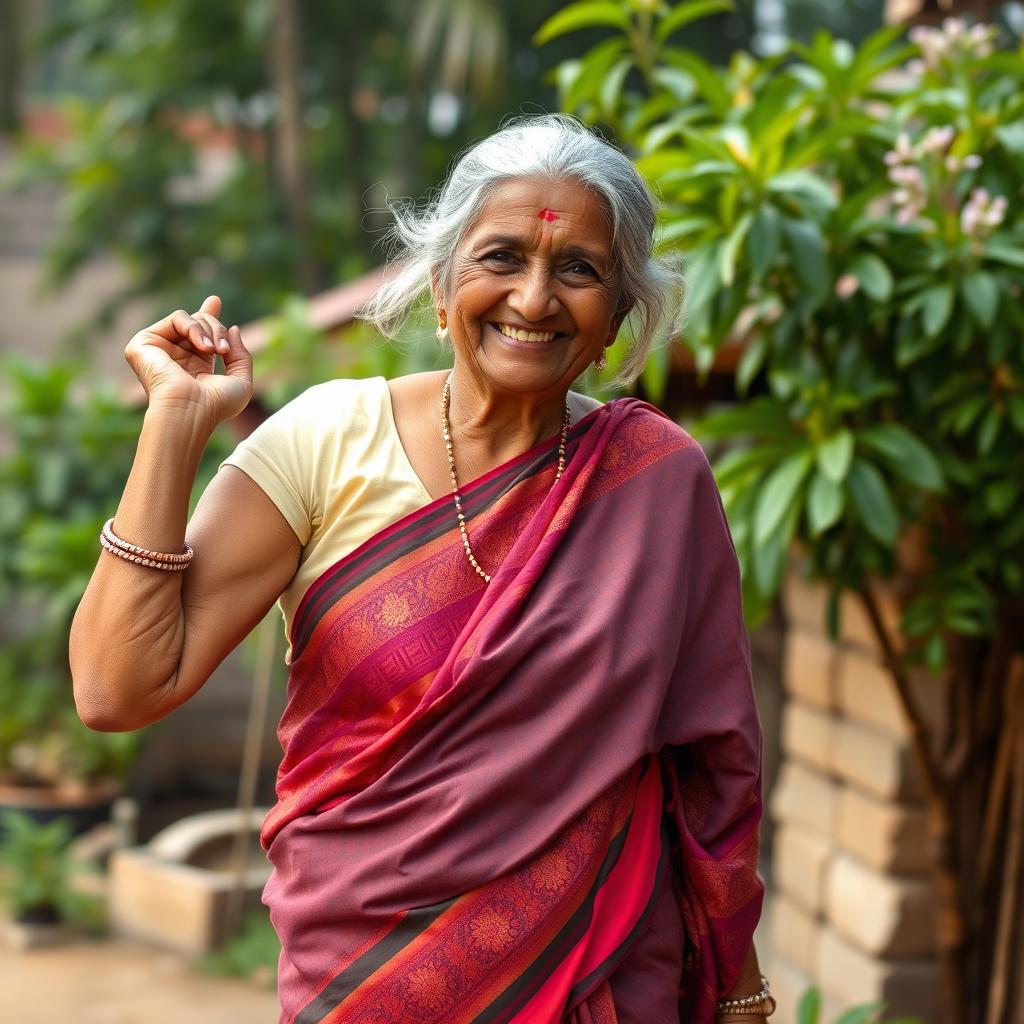 An elderly Indian woman in a traditional sari, gracefully carrying herself while playfully showing her armpit