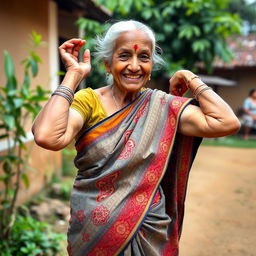An elderly Indian woman in a traditional sari, gracefully carrying herself while playfully showing her armpit