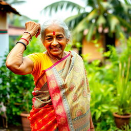 An elderly Indian woman in a traditional sari, gracefully carrying herself while playfully showing her armpit