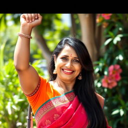 A middle-aged Indian woman with long black hair, wearing a vibrant traditional outfit like a colorful saree, proudly showcasing her arm raised to reveal her hairy armpit