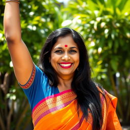 A middle-aged Indian woman with long black hair, wearing a vibrant traditional outfit like a colorful saree, proudly showcasing her arm raised to reveal her hairy armpit