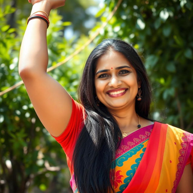 A middle-aged Indian woman with long black hair, wearing a vibrant traditional outfit like a colorful saree, proudly showcasing her arm raised to reveal her hairy armpit