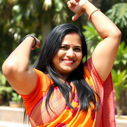 A middle-aged Indian woman with long black hair, wearing a vibrant traditional outfit like a colorful saree, proudly showcasing her arm raised to reveal her hairy armpit