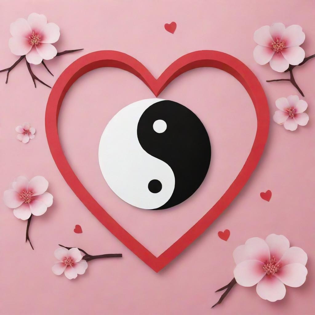 Create a Valentine's Day-themed gift card background, incorporating traditional Korean symbols like the Hanbok, the Yin and Yang symbol, or cherry blossoms to signify love and romance