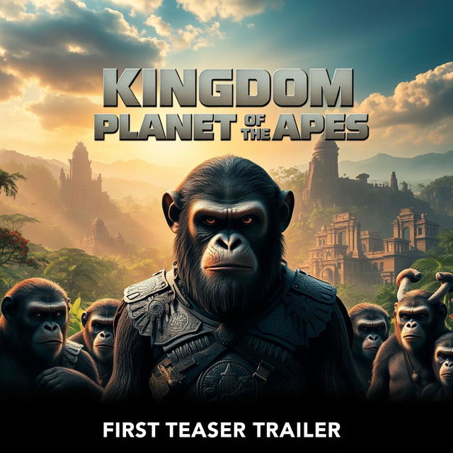 An captivating promotional poster for 'Kingdom of the Planet of the Apes (2025) - First Teaser Trailer', showcasing a dramatic and expansive scene