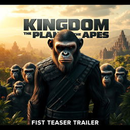 An captivating promotional poster for 'Kingdom of the Planet of the Apes (2025) - First Teaser Trailer', showcasing a dramatic and expansive scene
