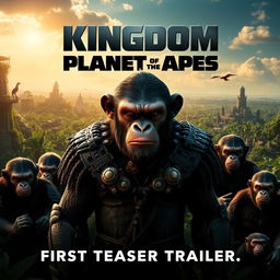 An captivating promotional poster for 'Kingdom of the Planet of the Apes (2025) - First Teaser Trailer', showcasing a dramatic and expansive scene