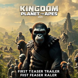 An captivating promotional poster for 'Kingdom of the Planet of the Apes (2025) - First Teaser Trailer', showcasing a dramatic and expansive scene