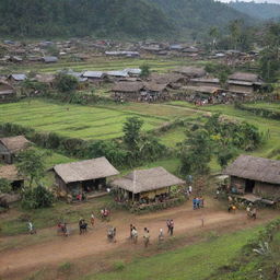 A bustling village scene with diverse people engaging in various activities showing the vibrant life of a rural Indonesian village