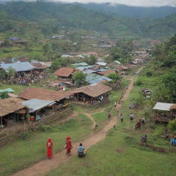 A bustling village scene with diverse people engaging in various activities showing the vibrant life of a rural Indonesian village