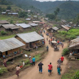 A bustling village scene with diverse people engaging in various activities showing the vibrant life of a rural Indonesian village