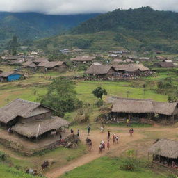 A bustling village scene with diverse people engaging in various activities showing the vibrant life of a rural Indonesian village