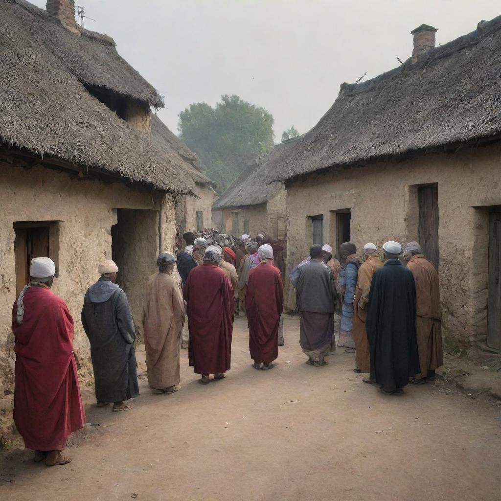 A solemn village scene, as the inhabitants collectively enter a house, paying their respects due to an unfortunate passing