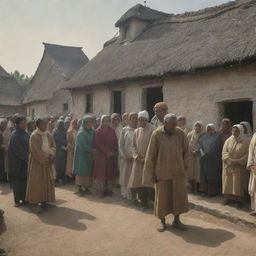 A solemn village scene, as the inhabitants collectively enter a house, paying their respects due to an unfortunate passing