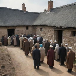 A solemn village scene, as the inhabitants collectively enter a house, paying their respects due to an unfortunate passing