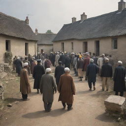 A solemn village scene, as the inhabitants collectively enter a house, paying their respects due to an unfortunate passing